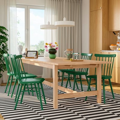 KARSKÄR / HÖGVED Table et 6 chaises, hévéa/vert, 240/300x100 cm