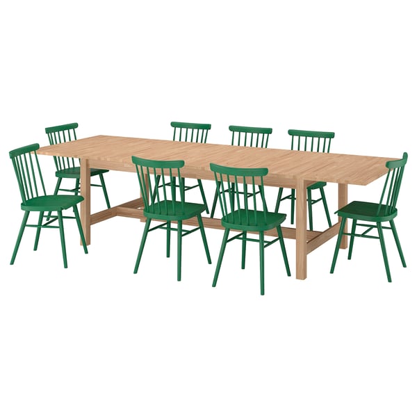 KARSKÄR / HÖGVED Table et 8 chaises, hévéa/vert, 240/300x100 cm