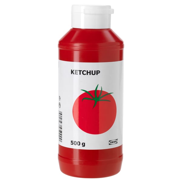 Bouteille de KETCHUP. Récipient en plastique rouge avec étiquette blanche, graphique de tomate. Condiment populaire pour divers plats.