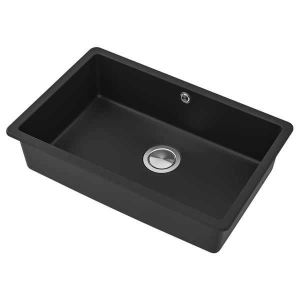 Évier en quartz noir KILSVIKEN, cuve unique, design élégant et moderne, résistant à la chaleur et aux taches, forme solide avec drain.