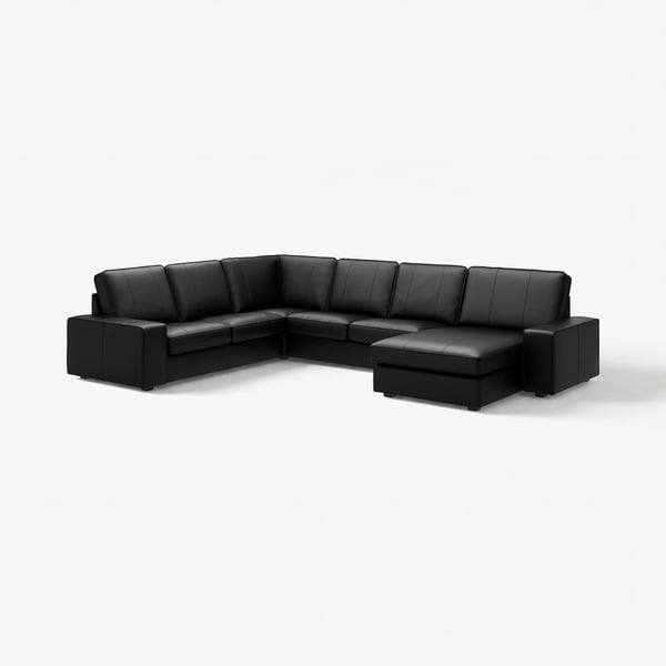 Canapé sectionnel noir moderne KIVIK. Design angulaire avec accoudoirs bas, en cuir et mousse pour le confort.