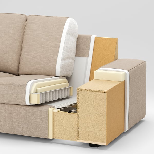 Détails d’un canapé sectionnel : mousse, contreplaqué, panneaux de fibres, ressorts, revêtement en coton-polyester.