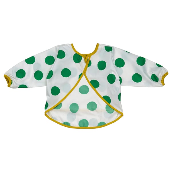 Bavoir KLADDIG, à pois verts, réglable, manches longues, poche avant, confortable et protecteur.