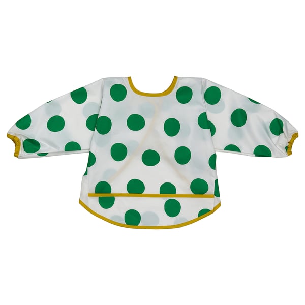 Bavoir KLADDIG, pois verts, fond blanc, manches longues, bordure jaune.