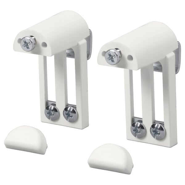 Deux jeux de kits de montage de stores blancs KLAMBY avec vis, avec des pièces en métal et en plastique, conçus pour être fixés sans perçage.