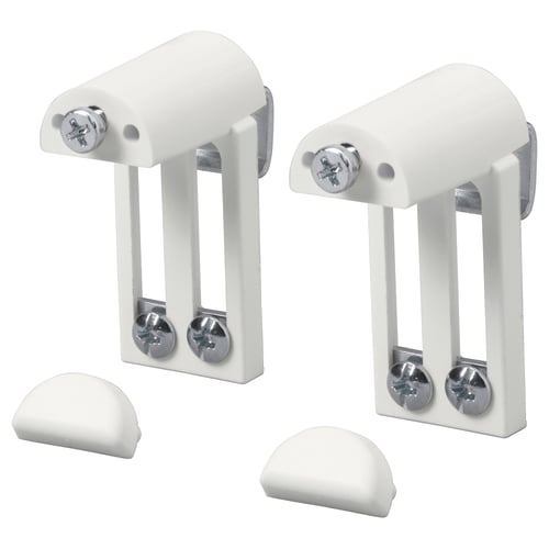 Deux jeux de kits de montage de stores blancs KLAMBY avec vis, avec des pièces en métal et en plastique, conçus pour être fixés sans perçage.