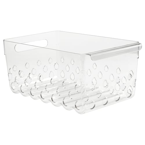 Panier de réfrigérateur transparent KLIPPKAKTUS, en plastique transparent, rectangulaire avec trous de ventilation et poignées découpées.