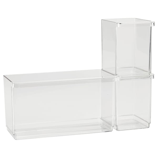 Deux boîtes de rangement en acrylique transparent, rectangulaires et carrées, soigneusement empilées. Design moderne pour l’organisation du réfrigérateur.