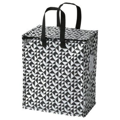 Sac noir KNALLA avec motifs blancs, poignées robustes, fermeture à glissière sur le dessus.