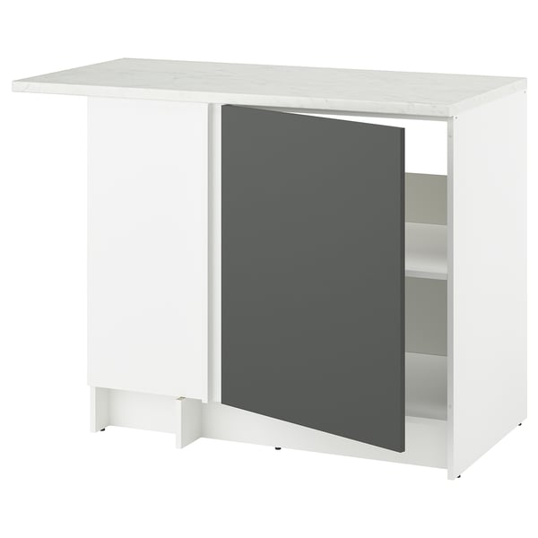 Îlot de cuisine KNOXHULT, plateau en marbre blanc, armoire gris foncé, forme carrée, design moderne.
