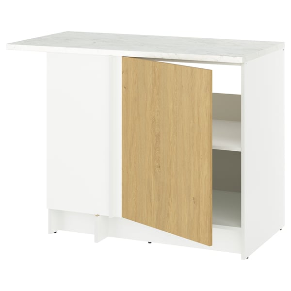 Unité de cuisine blanche KNOXHULT avec porte en bois, forme rectangulaire, dessus effet marbre.