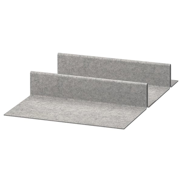 Deux étagères à chaussures en feutre gris, rectangulaires, aux bords inclinés.