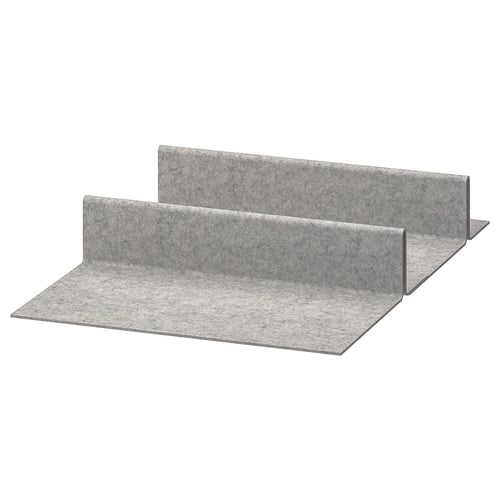 Deux étagères à chaussures en feutre gris, rectangulaires, aux bords inclinés.