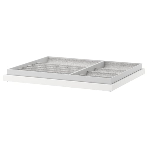 Plateau coulissant blanc KOMPLEMENT, 3 compartiments, doublé de feutre, organise les accessoires dans l’armoire.