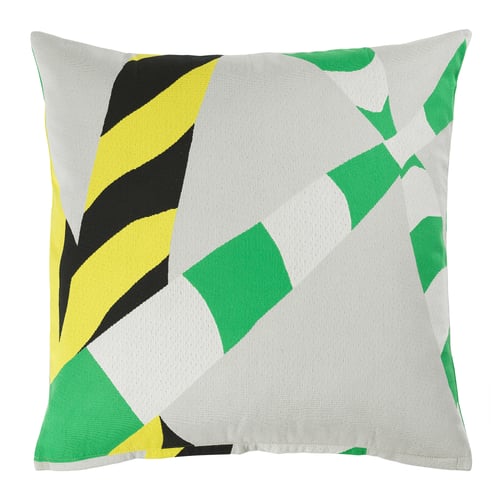 KONSTRUNDA : coussin carré gris, noir, jaune, motif géométrique vert, 100 % coton, fermeture zippée.