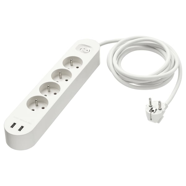 Parafoudre KOPPLA blanc avec 4 prises, 2 ports usb.