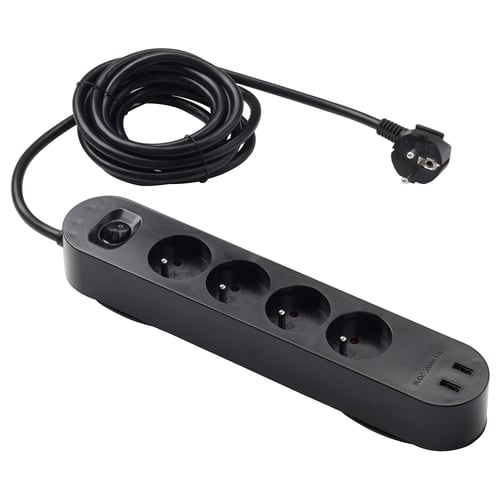 Parafoudre KOPPLA noir : 4 prises, 2 usb, polycarbonate