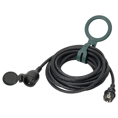 Rallonge d’extérieur KOPLA , 10m noir, caoutchouc, enroulée, couvercle à fermeture automatique, durable, résistante aux intempéries.
