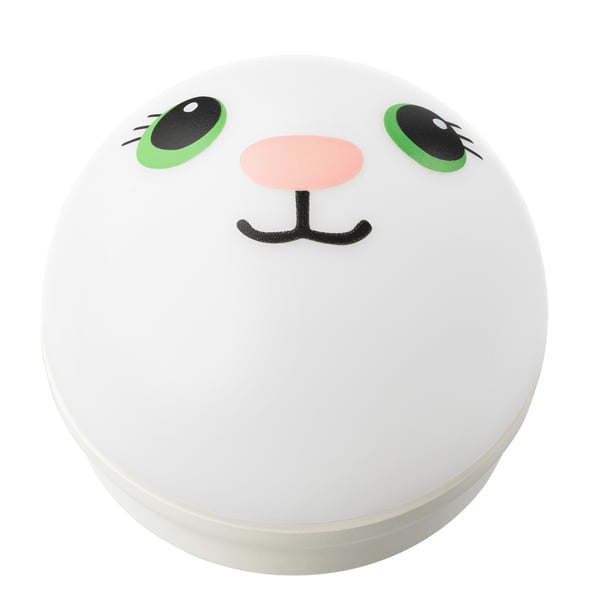 Adorable veilleuse ronde blanche avec des yeux verts, un nez et une bouche noirs. Fabriqué en plastique ABS, il brille doucement pour les enfants.