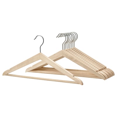 Cintres KRÄNGA : ensemble de dix cintres en bois uni avec crochets chromés, conçus pour empêcher les vêtements de glisser.