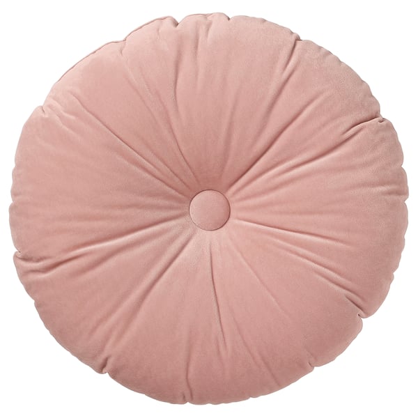 Coussin rond KRANSBORRE, rose poussiéreux, velours, doux, bouton centré, décoratif.