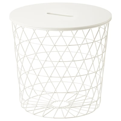 Table de rangement blanche KVISTBRO, ronde avec motif en losange, métal léger et panneaux de fibres.