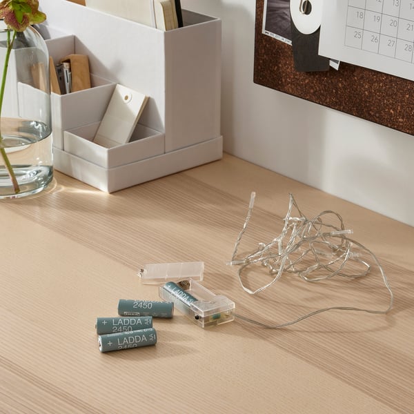 Piles rechargeables LADDA, vertes, bureau avec organisateur et vase avec fleurs.