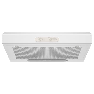 Hotte de cuisine blanche avec lumière led et commandes de base.