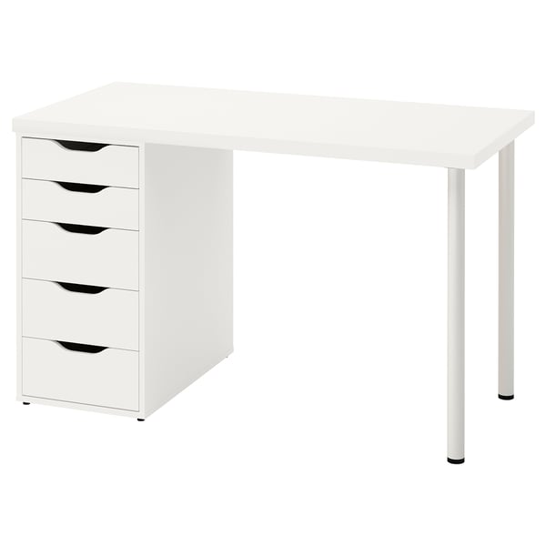 Bureau LAGKAPTEN : blanc, rectangulaire, 5 tiroirs, pieds en métal.