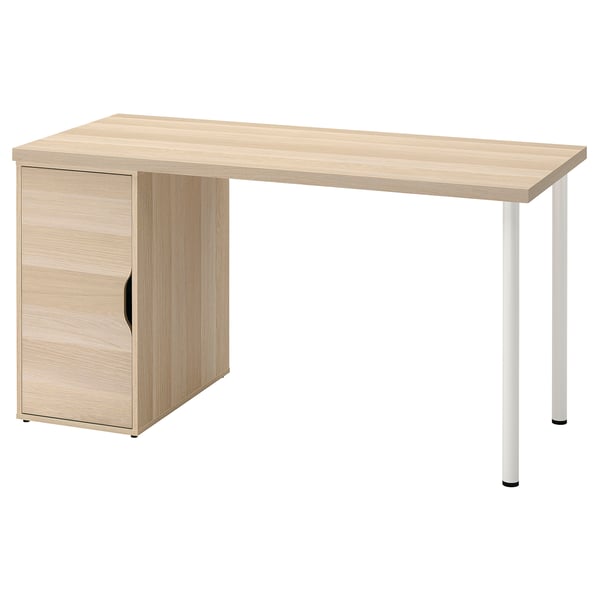 Le bureau LAGKAPTEN en chêne clair a une porte d’armoire. Son blanc avec un plateau en bois, rectangulaire, design minimaliste.