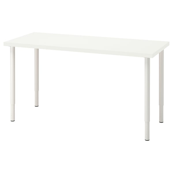 Un bureau LAGKAPTEN blanc avec un plateau rectangulaire et quatre pieds en métal réglables. Design moderne et minimaliste.