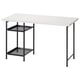 Bureau LAGKAPTEN, plateau blanc, pieds en métal noir, filet de rangement.