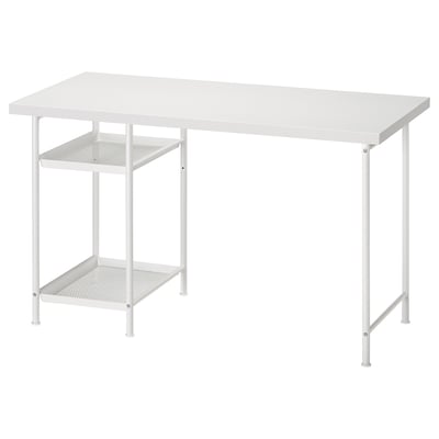 LAGKAPTEN : table en métal blanc avec étagères en maille, rectangulaire, design minimaliste moderne pour l’efficacité de l’espace de travail.