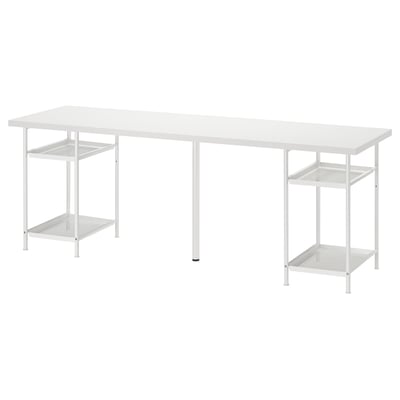 Bureau LAGKAPTEN blanc avec cadres et étagères en métal blanc, plateau rectangulaire.