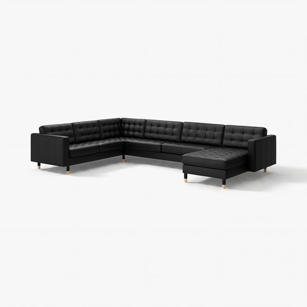 Canapé sectionnel en cuir noir moderne en forme de L avec coussins touffés et pieds en bois.