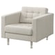 Un fauteuil rembourré moderne gris clair nommé landkrona avec des pieds chromés.