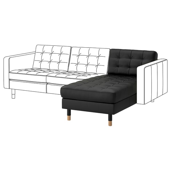 Canapé moderne en cuir noir en forme de L, coussins capitonnés, pieds en bois.