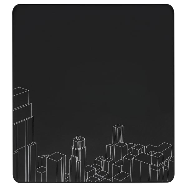 Tapis de chaise gamer noir, LÅNESPELARE, base en caoutchouc, dessus en polyester recyclé, design de la ligne d’horizon de la ville.