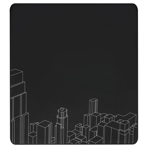 Tapis de chaise gamer noir, LÅNESPELARE, base en caoutchouc, dessus en polyester recyclé, design de la ligne d’horizon de la ville.