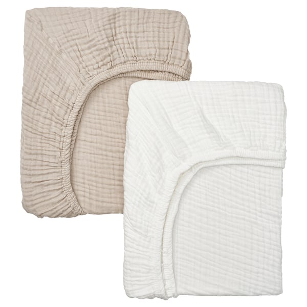 LEN Drap housse pour lit bébé, blanc beige/mousseline, 60x120 cm