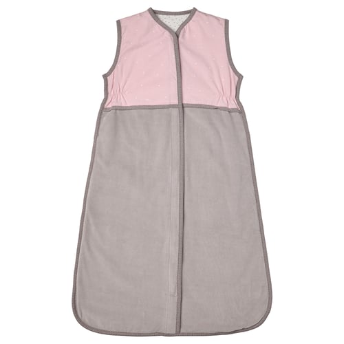 Sac de couchage pour bébé rose clair avec bordure grise, sans manches, fermeture éclair sur le devant, velours doux et coton.
