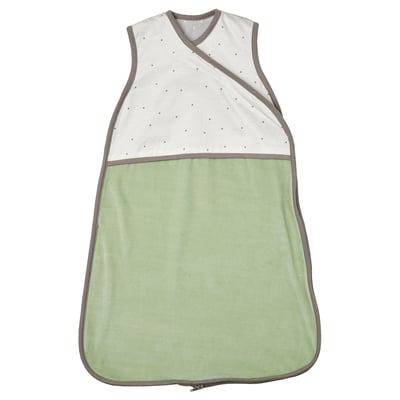 Gigoteuse bébé verte et blanche avec fermeture éclair, tissu doux, motif à pois.