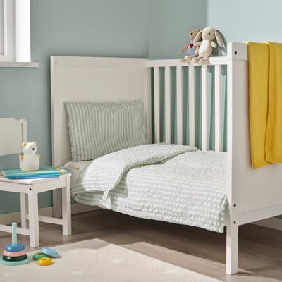 LEN Housse couette+1 taie pour lit bébé, blanc bleu/motif rayé gaufré, 110x125/35x55 cm