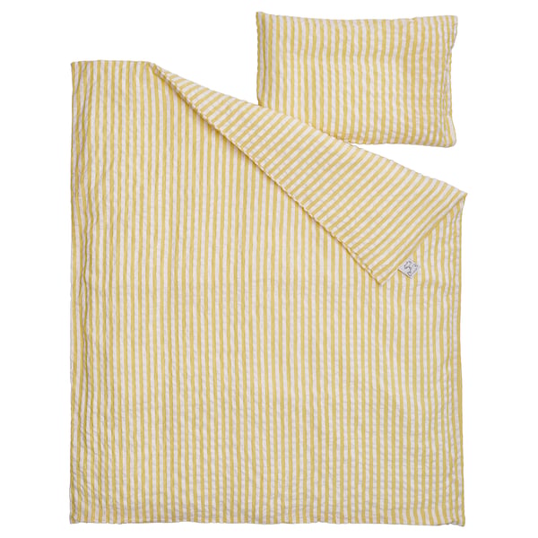 LEN Housse couette+1 taie pour lit bébé, blanc jaune/motif rayé gaufré, 110x125/35x55 cm