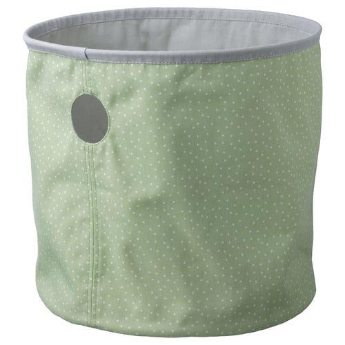 Bac de rangement cylindrique en tissu, vert clair à pois blancs, réversible, fabriqué à partir de polyester recyclé.