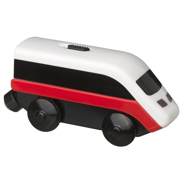 Un petit train LILLABO, noir, rouge et blanc. Sa batterie est alimentée par un bouton sur le dessus.