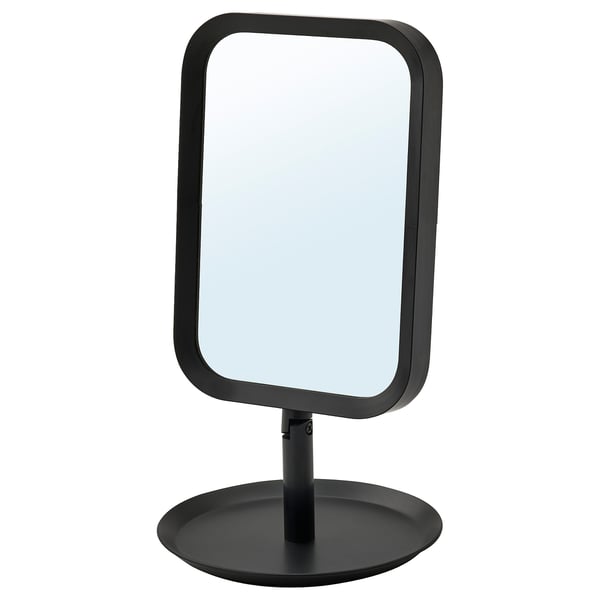 Un miroir de courtoisie rond LINDBYN noir, inclinable avec un cadre élégant.