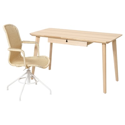 LISABO / STIGBYGEL Bureau et chaise, plaqué frêne beige/blanc