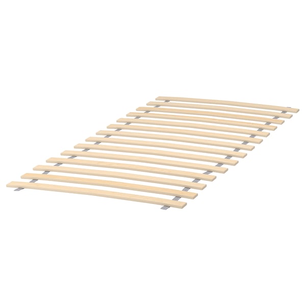 Un cadre de lit LURÖY avec 14 lattes de bouleau pour le soutien, conçu pour la souplesse.