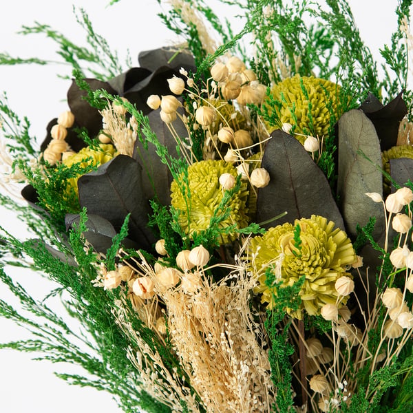 Arrangement de plantes séchées avec des feuilles vertes, des fleurs crème et de grandes feuilles sombres. Astucieusement conçu, il promet une beauté durable.